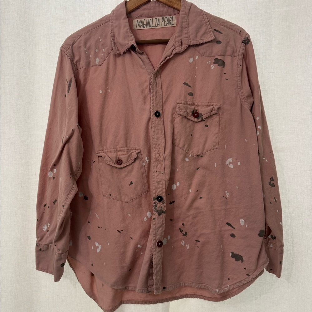Magnolia Pearl  Dusty Rose Splatter Flannel Shirt with Rainbow and Embroidery